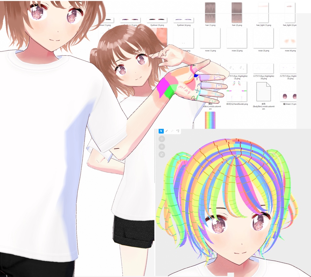 (Free)VRoidレインボー髪と手塗りガイドと顔がすぐ作れるテクスチャーセット #vroid_k3ki