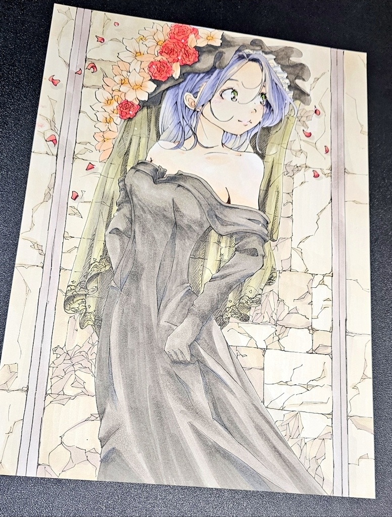 創作手描きイラスト アナログ作品タイトル【花冠の記憶】