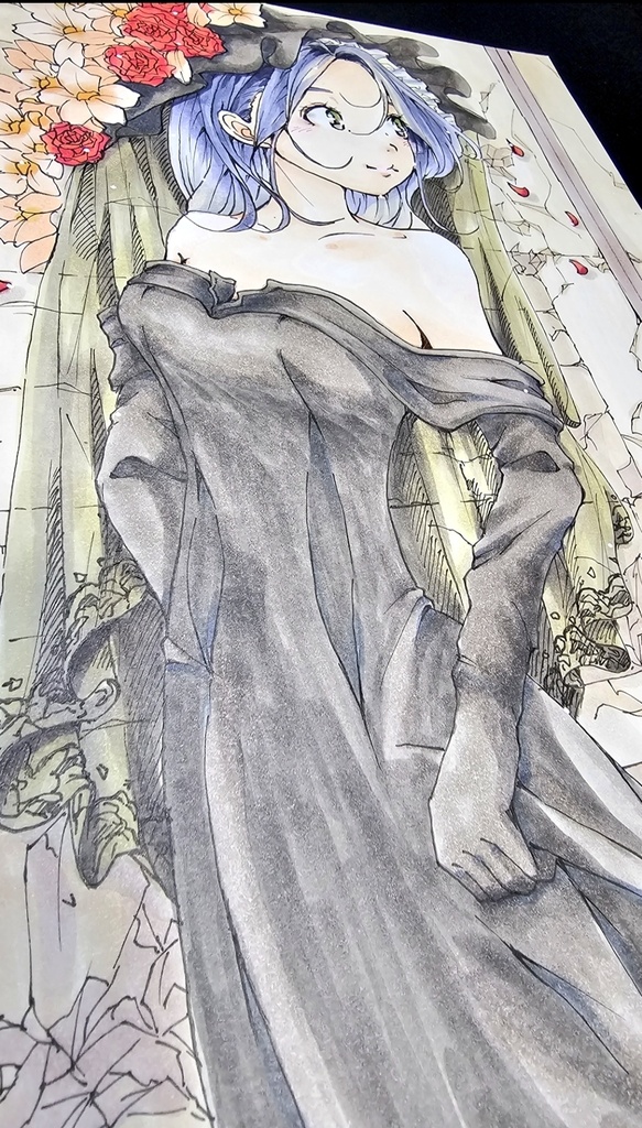 創作手描きイラスト アナログ作品タイトル【花冠の記憶】