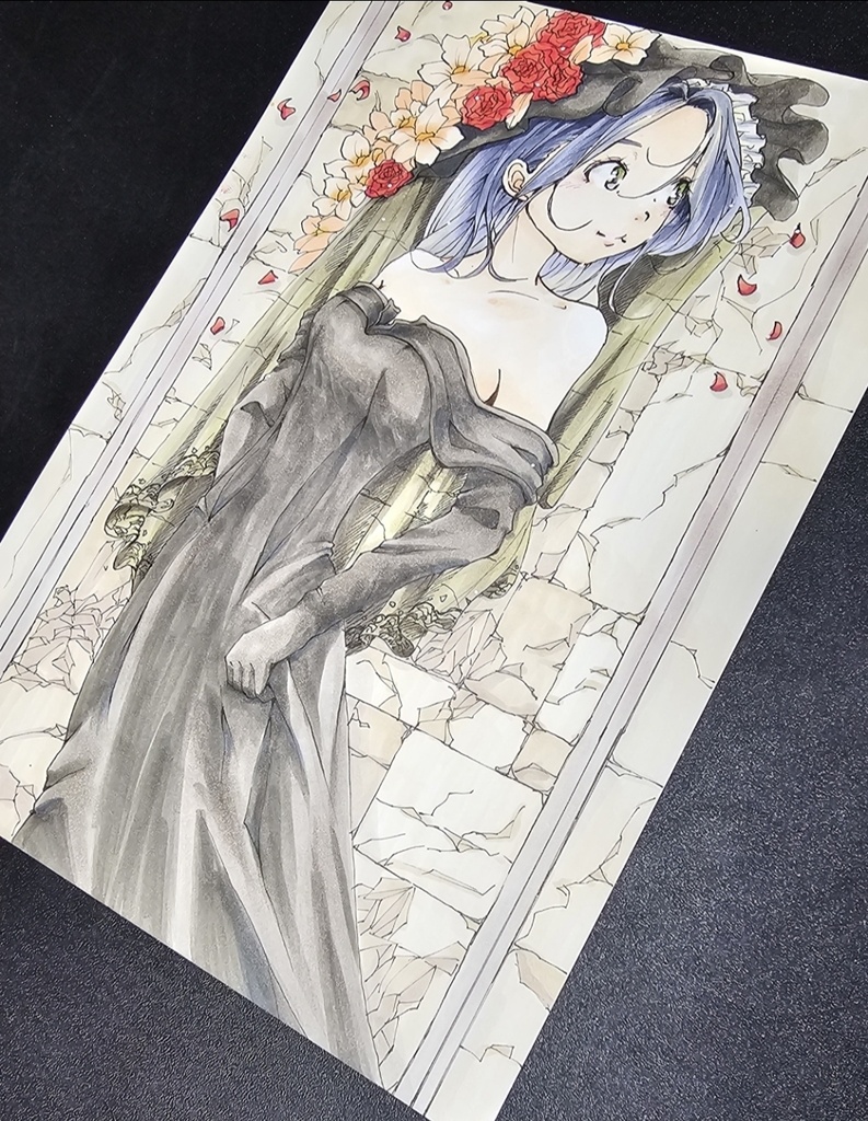 創作手描きイラスト アナログ作品タイトル【花冠の記憶】