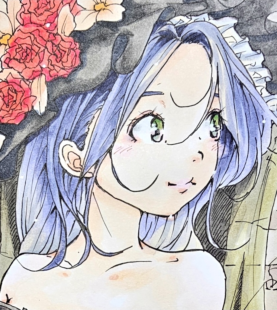 創作手描きイラスト　アナログ作品タイトル【花冠の記憶】