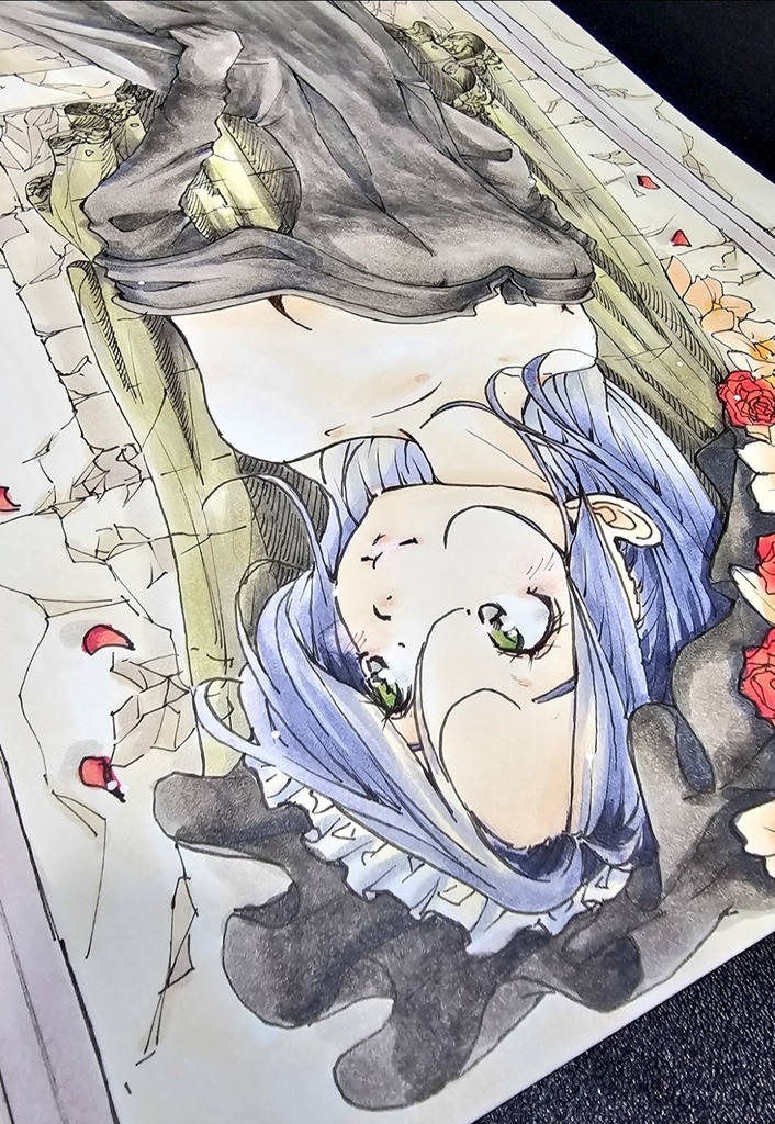 創作手描きイラスト アナログ作品タイトル【花冠の記憶】