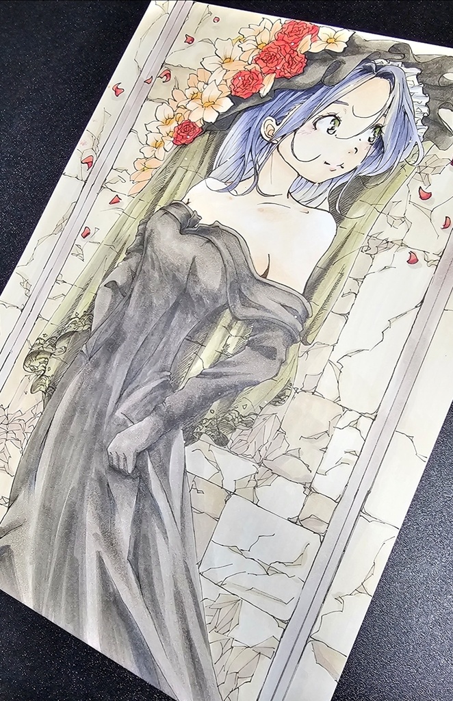 創作手描きイラスト アナログ作品タイトル【花冠の記憶】