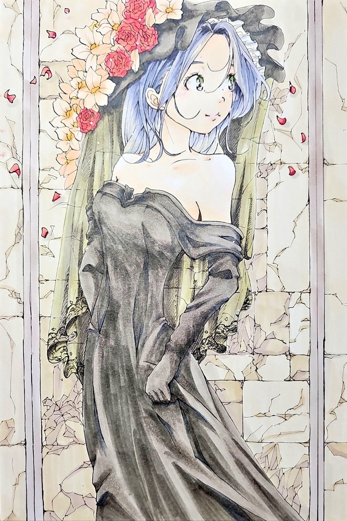 創作手描きイラスト アナログ作品タイトル【花冠の記憶】