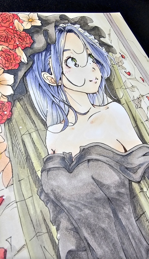 創作手描きイラスト アナログ作品タイトル【花冠の記憶】