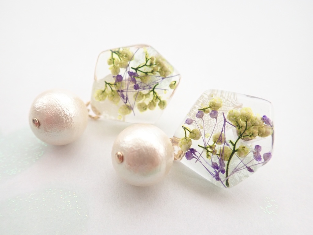小花咲く プリザーブドフラワー✕コットンパールのピアス