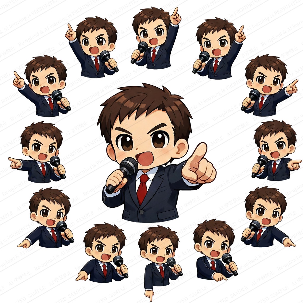 マイクを持ち様々な方向を指差すスーツのデフォルメキャラ画像素材AI生成