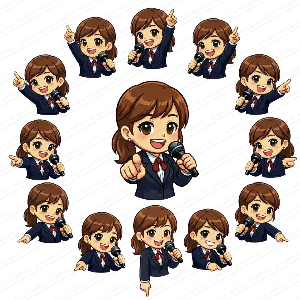 マイクを持ち様々な方向を指差すスーツのデフォルメキャラ画像素材AI生成