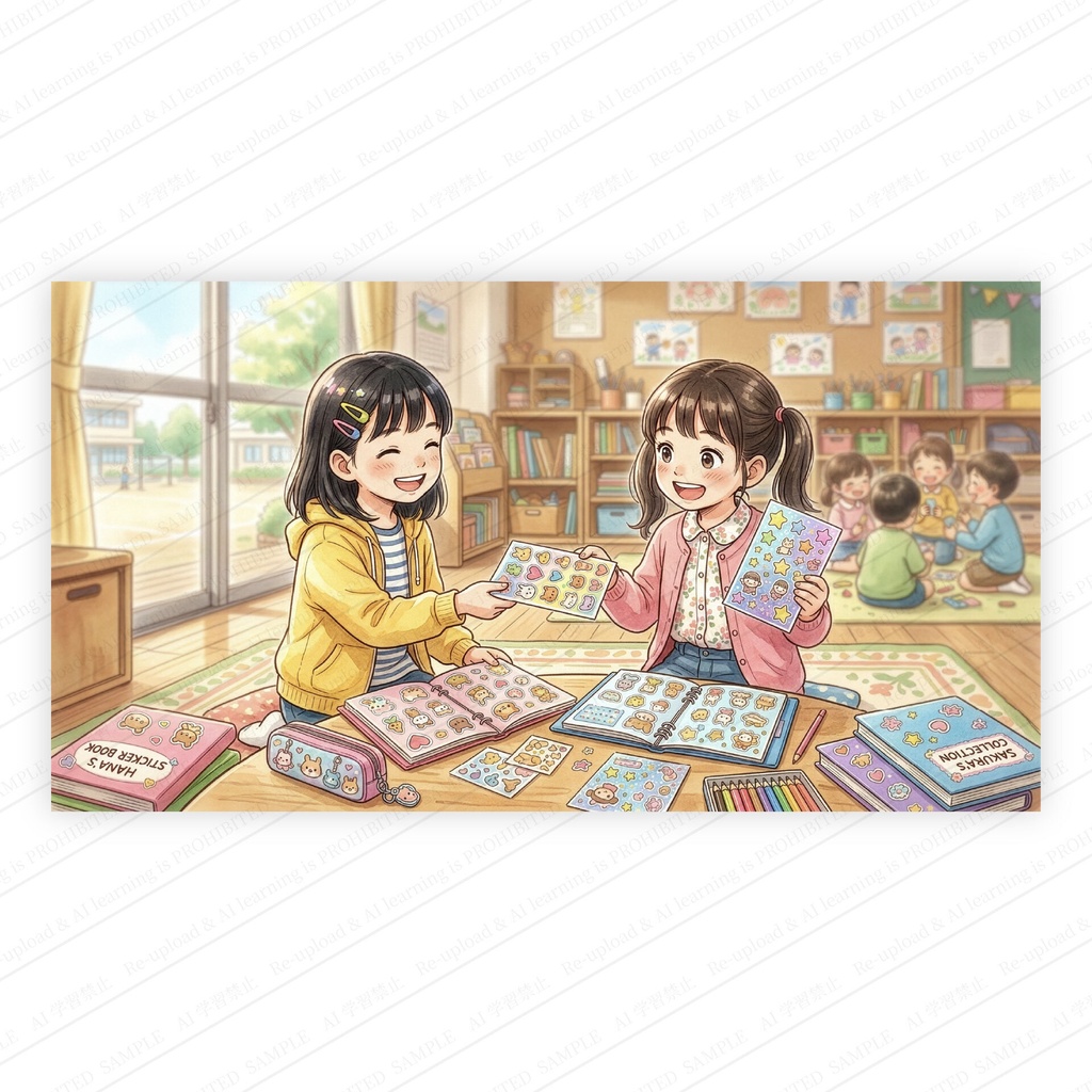 保育園や幼稚園でシール交換を楽しむ女の子たちのイラスト AI生成 高画質