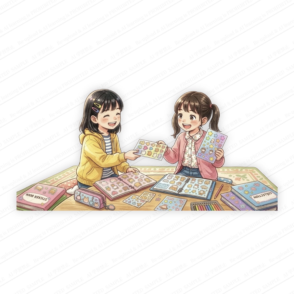 保育園や幼稚園でシール交換を楽しむ女の子たちのイラスト AI生成 高画質