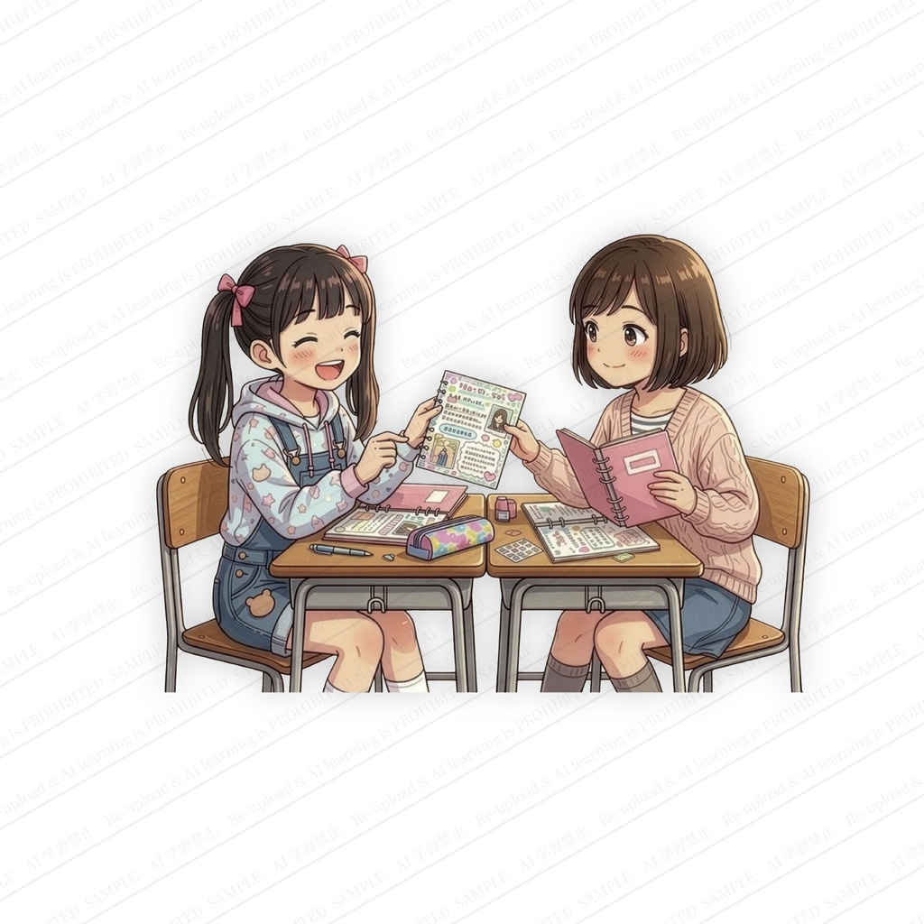 平成レトロな教室でプロフィール帳やシールを見せ合う女子児童二人のイラスト AI生成 高画質