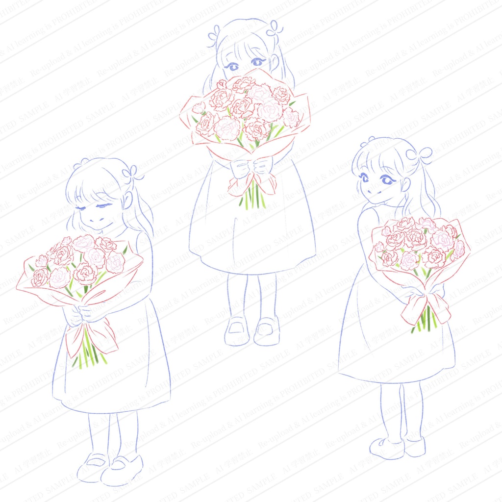 カーネーションの花束を持つ女の子のイラストセット 高画質