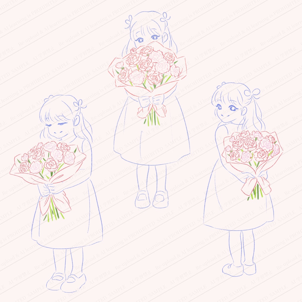 カーネーションの花束を持つ女の子のイラストセット 高画質