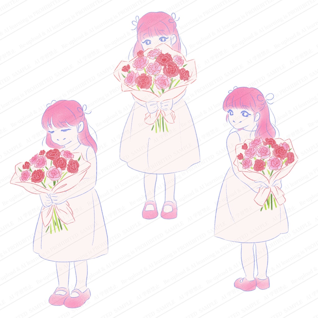 カーネーションの花束を持つ女の子のイラストセット 高画質