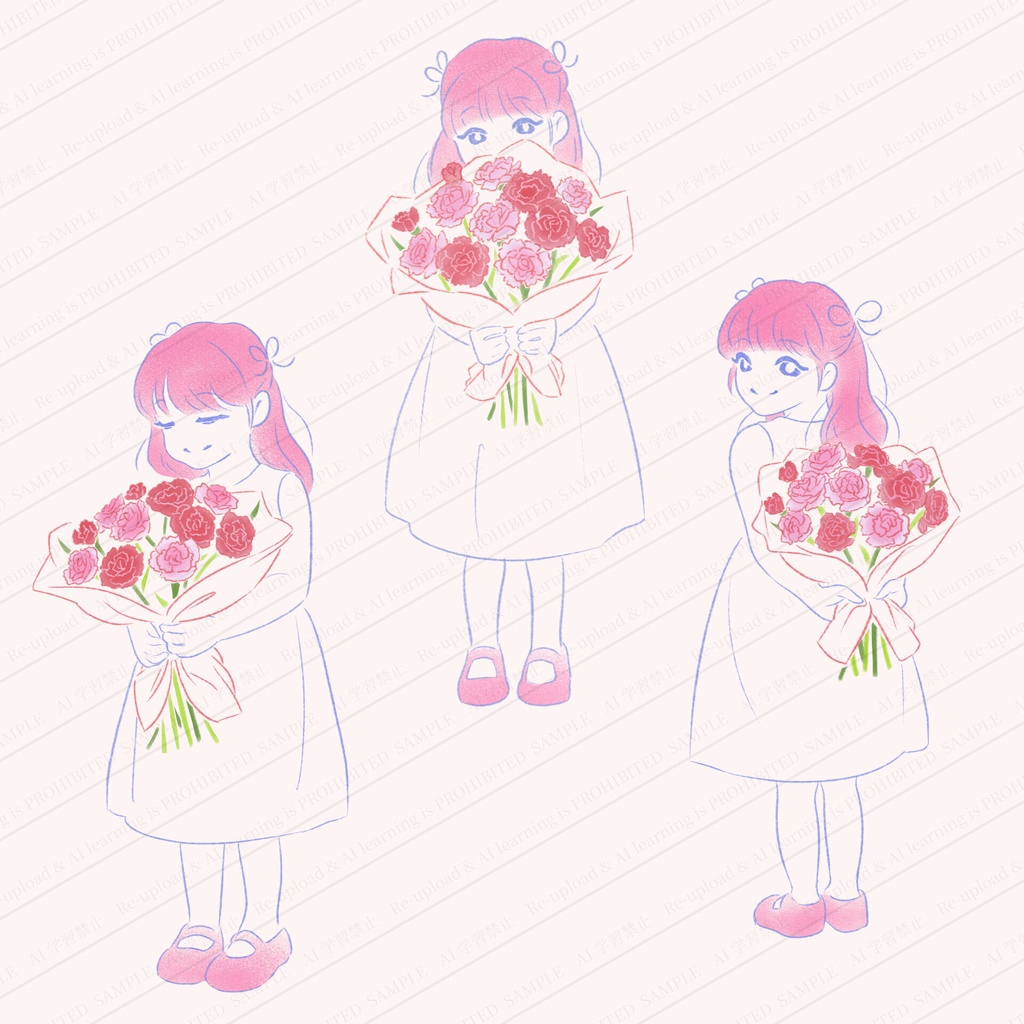 カーネーションの花束を持つ女の子のイラストセット 高画質