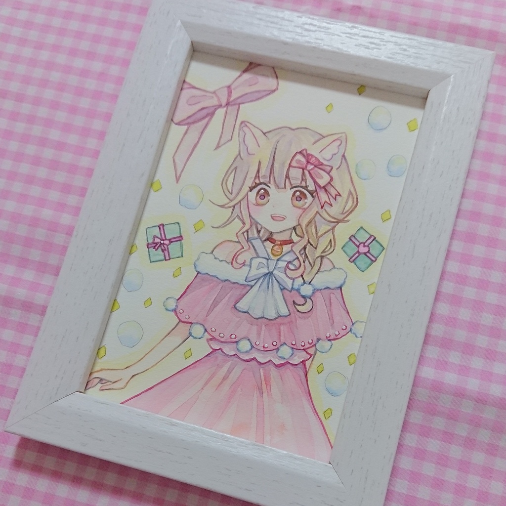 〔水彩原画〕猫耳さんのクリスマス/額あり