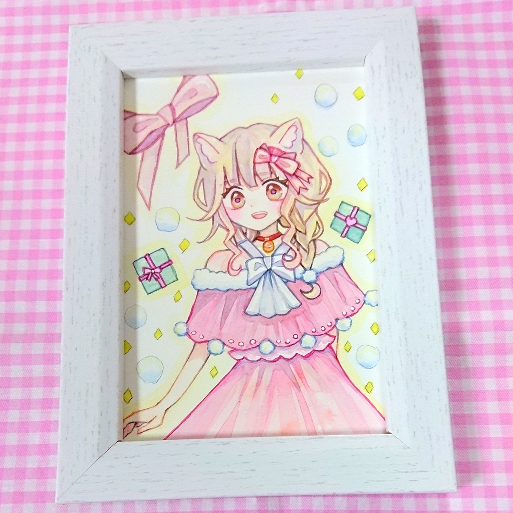 〔水彩原画〕猫耳さんのクリスマス/額あり
