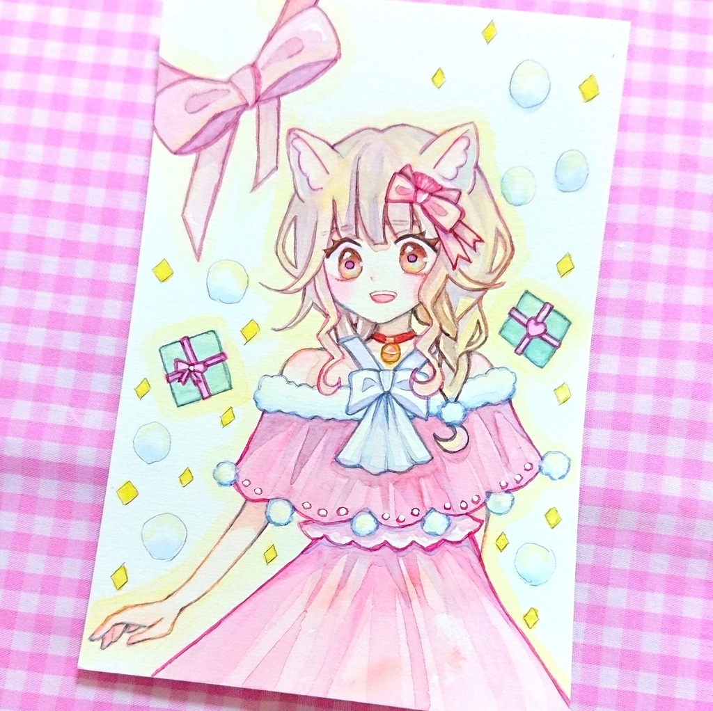 〔水彩原画〕猫耳さんのクリスマス/額あり