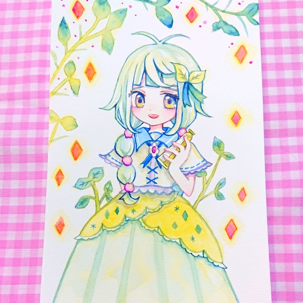 〔水彩原画〕リーフグリーンちゃん/額あり