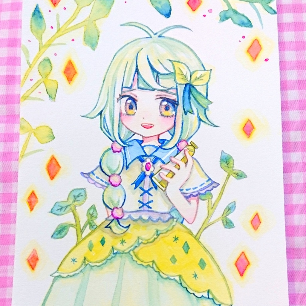 〔水彩原画〕リーフグリーンちゃん/額あり