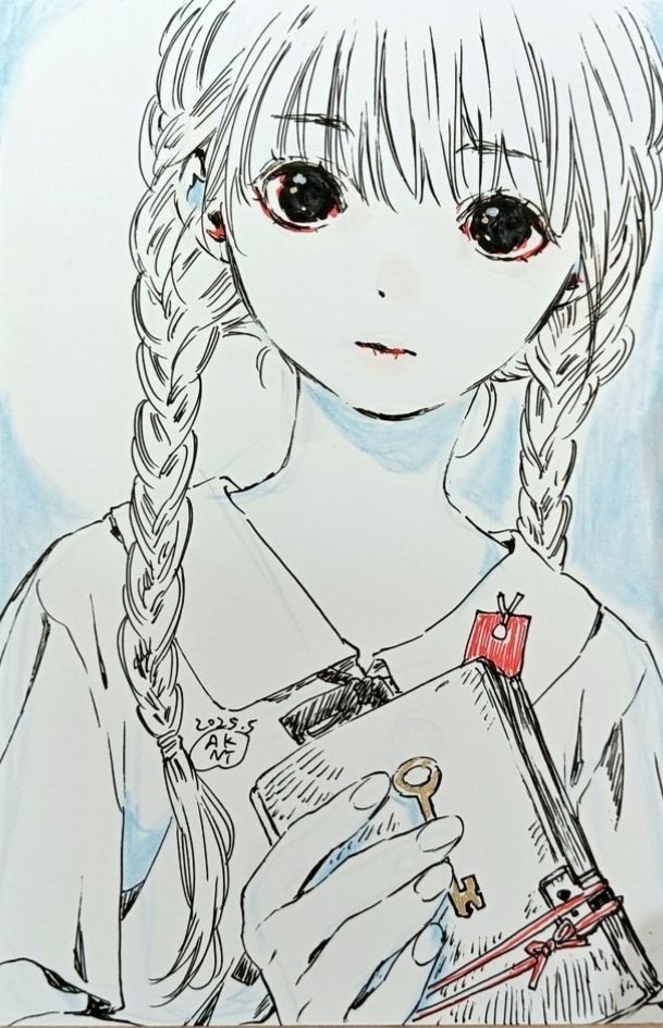少女原画　三編みと本と鍵