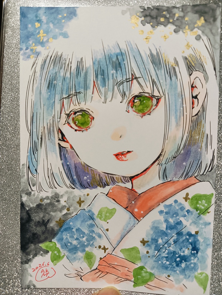 ミニ原画　紫陽花の着物