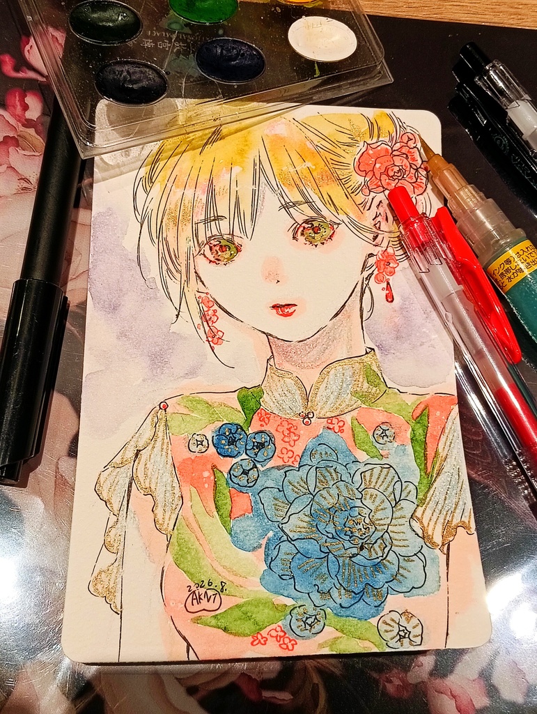 ミニ原画　赤青花