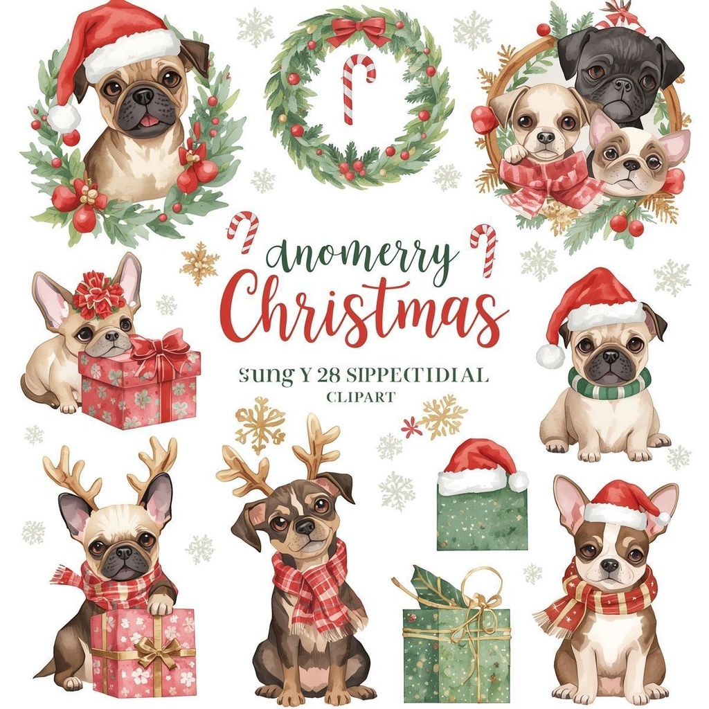 クリスマス 犬クリップアート|背景透過PNG 15点