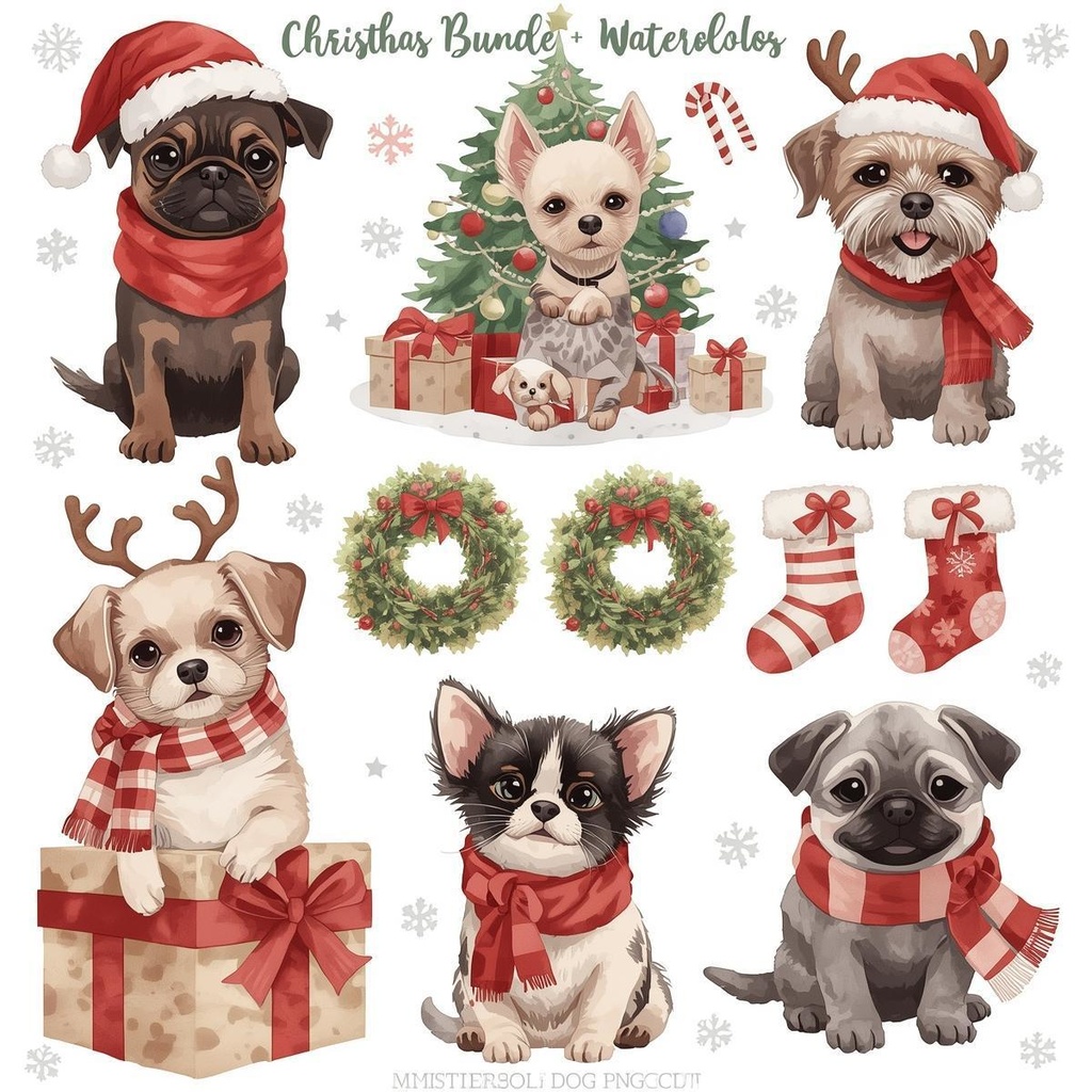 クリスマス 犬クリップアート|背景透過PNG 15点