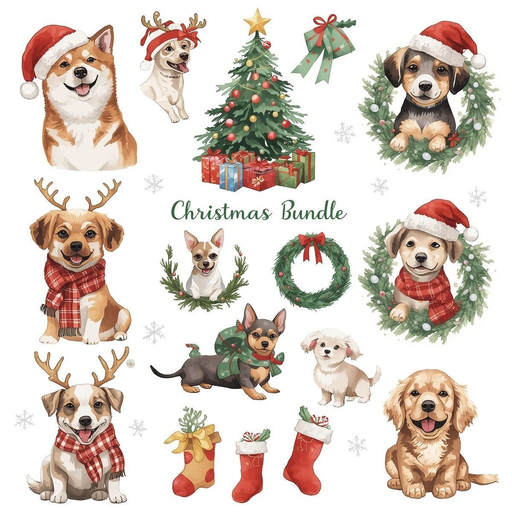 クリスマス 犬クリップアート|背景透過PNG 15点