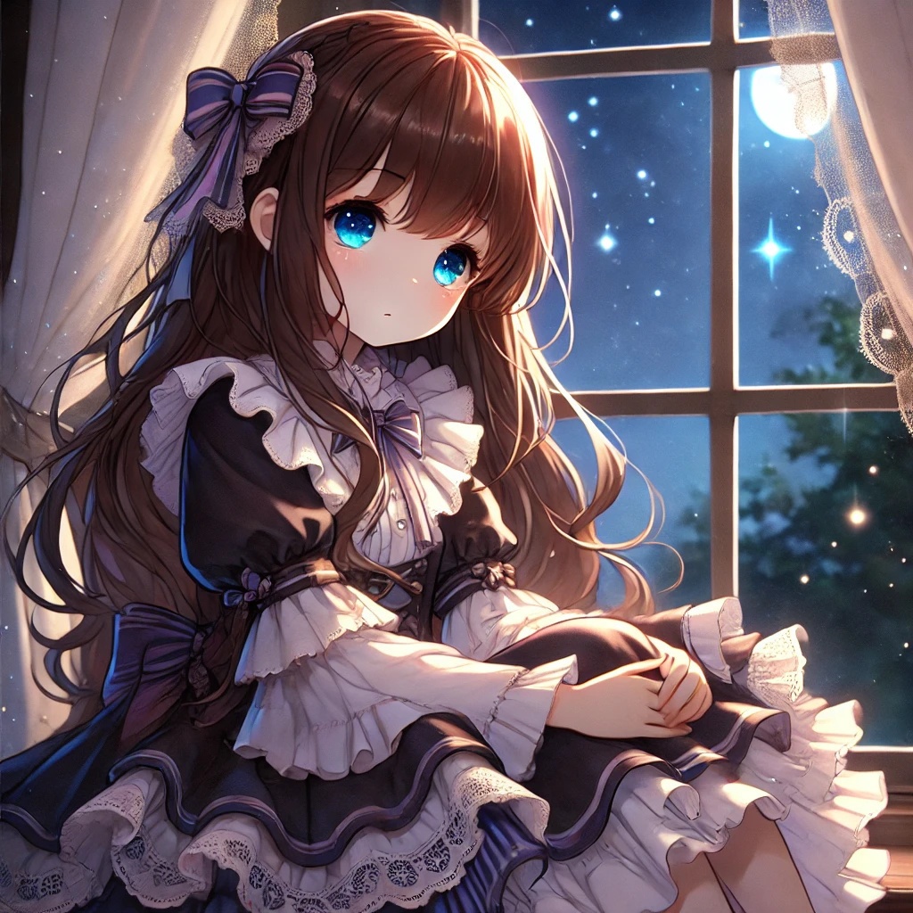 夜空の窓辺で黄昏れてる少女