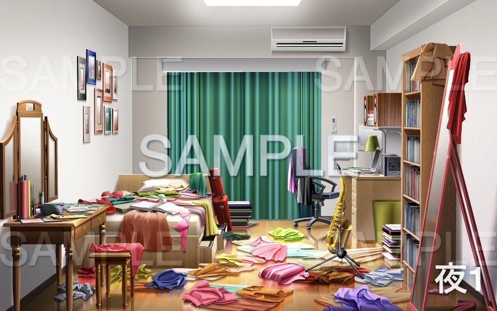 【背景素材】部屋/ワンルーム 服/散らかり (寮編part01-oldryoroom05)