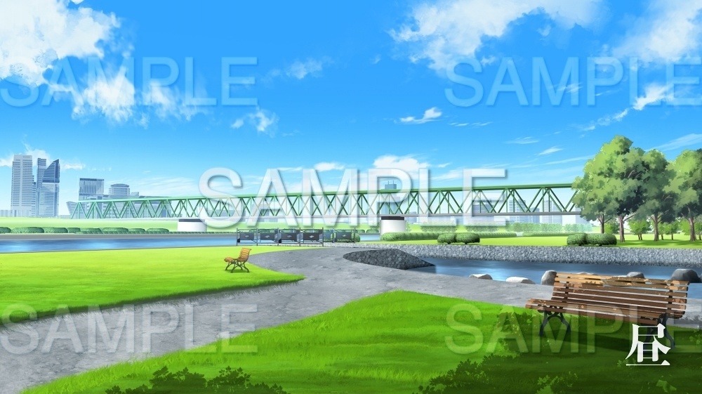 【背景素材】橋/川沿いの公園(日常編part11-twniti002)