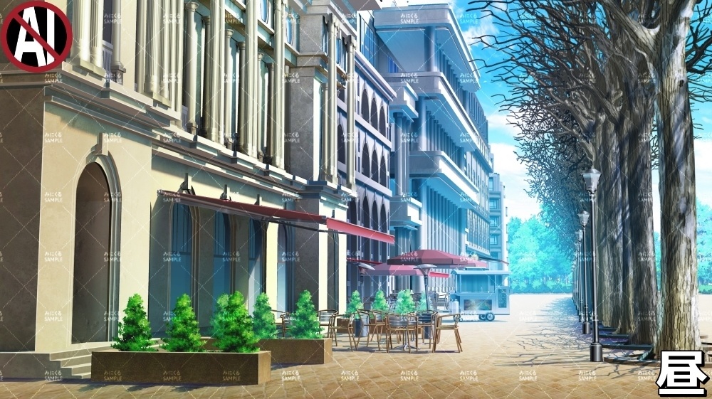 【背景素材】お洒落なカフェと並木道_冬/海外の街路 (ヨーロッパ風編01-twstreet001win)