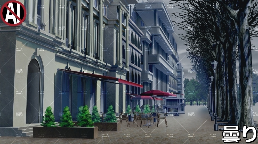 【背景素材】お洒落なカフェと並木道_冬/海外の街路 (ヨーロッパ風編01-twstreet001win)