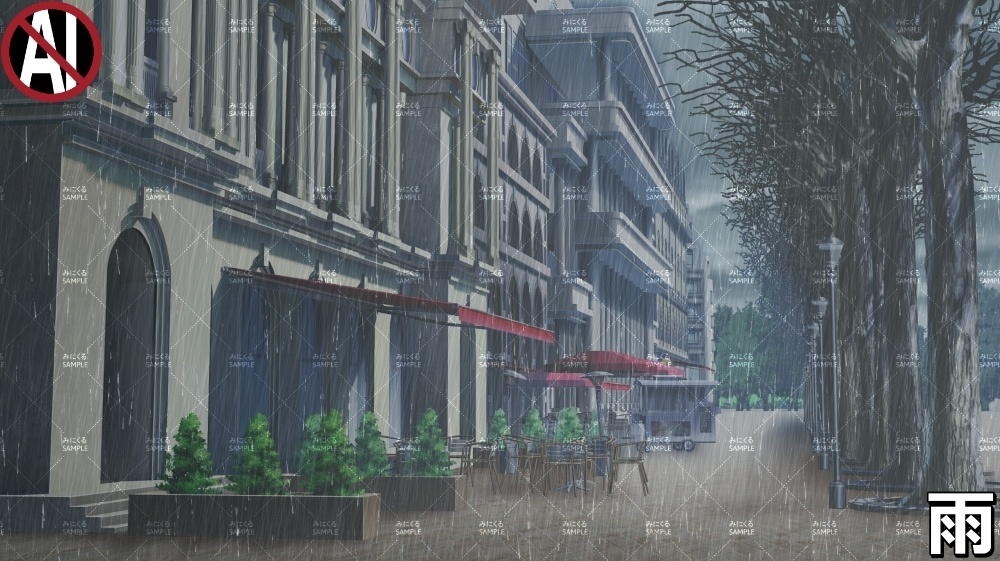 【背景素材】お洒落なカフェと並木道_冬/海外の街路 (ヨーロッパ風編01-twstreet001win)