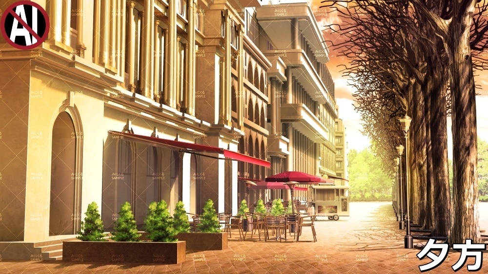 【背景素材】お洒落なカフェと並木道_冬/海外の街路 (ヨーロッパ風編01-twstreet001win)