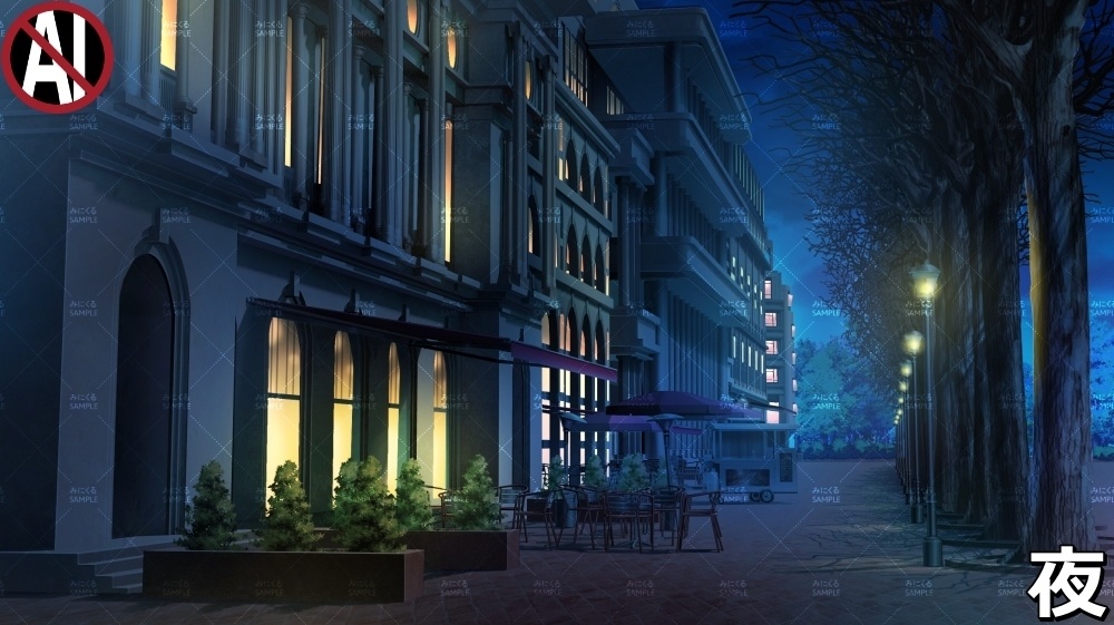 【背景素材】お洒落なカフェと並木道_冬/海外の街路 (ヨーロッパ風編01-twstreet001win)