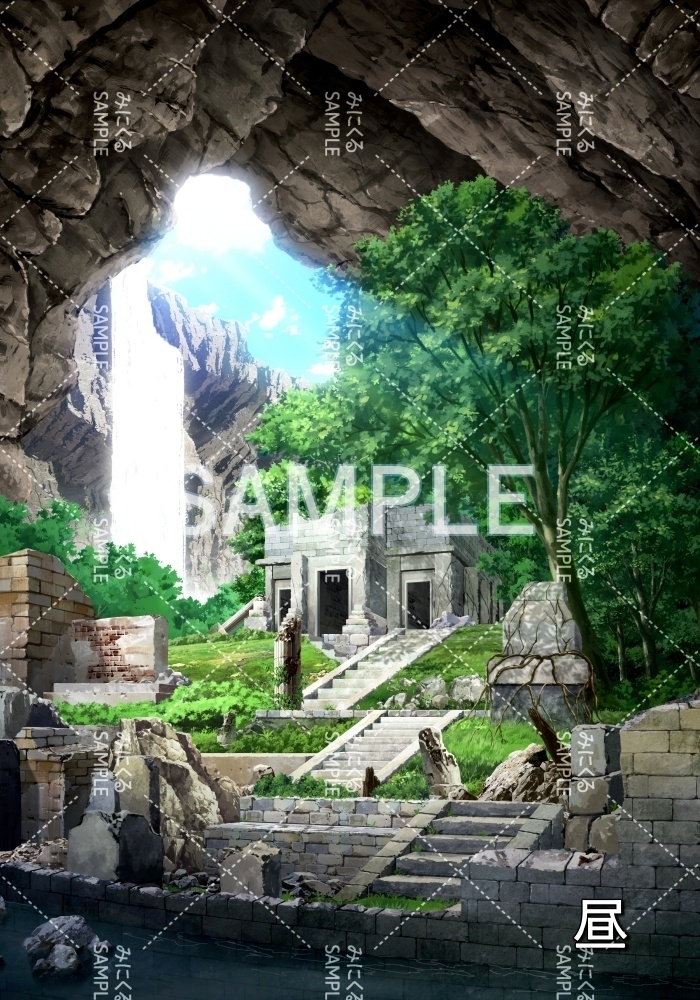 【背景素材】昼 遺跡洞窟_滝(ダンジョン編part1-iseki02dou_m)