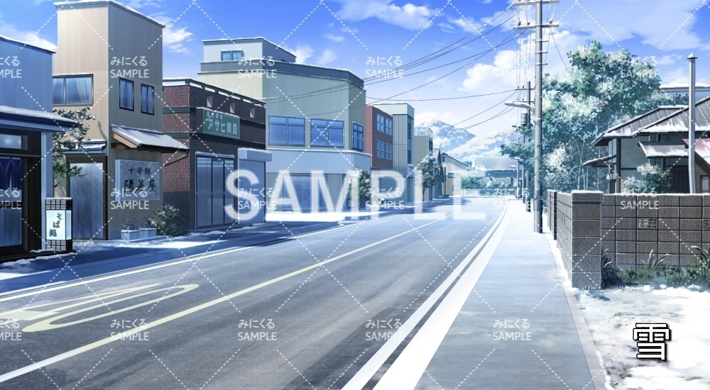 【背景素材】街並み/道路 雪曇 (日常編part20-BG08_d_c)