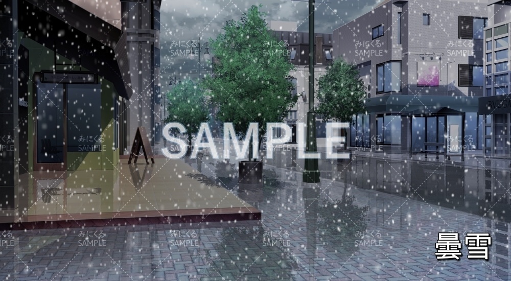 【背景素材】街灯のある街並み 雪/降雪/夜 (日常編part20-BG15_pl_hs)