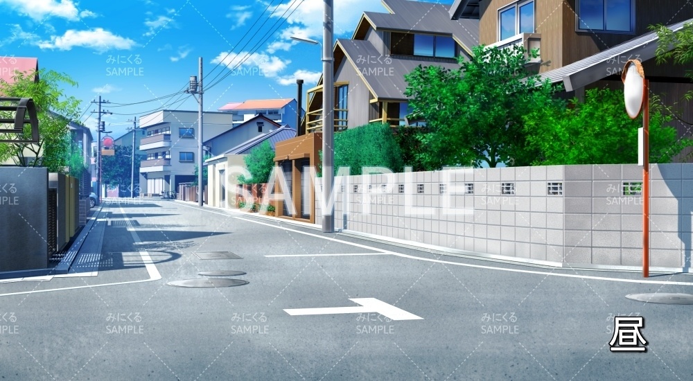 【背景素材】曲がり角の街並み 昼/夕/夜/曇 (日常編part20-BG16_pl_a)