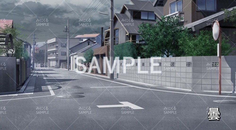 【背景素材】曲がり角の街並み 昼/夕/夜/曇 (日常編part20-BG16_pl_a)