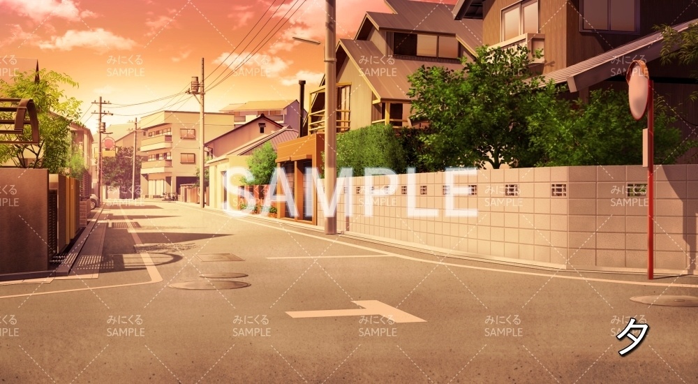 【背景素材】曲がり角の街並み 昼/夕/夜/曇 (日常編part20-BG16_pl_a)