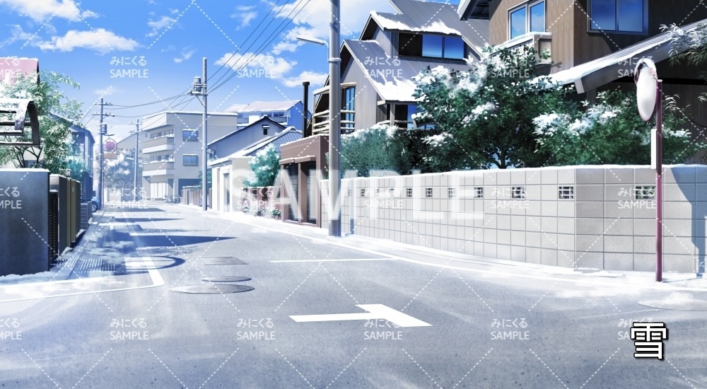 【背景素材】曲がり角の街並み 雪/降雪/夜雪 (日常編part20-BG16_pl_cs)