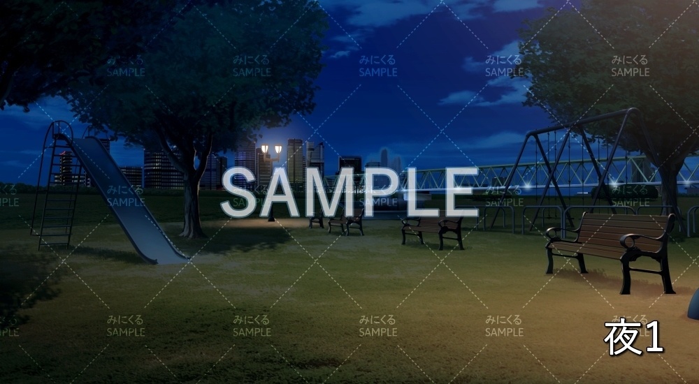 【背景素材】噴水のある公園 昼/夕/曇/夜(日常編part20-BG17_pl_a)