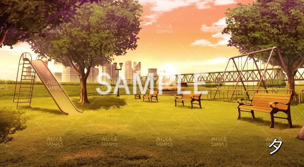 【背景素材】噴水のある公園 昼/夕/曇/夜(日常編part20-BG17_pl_a)