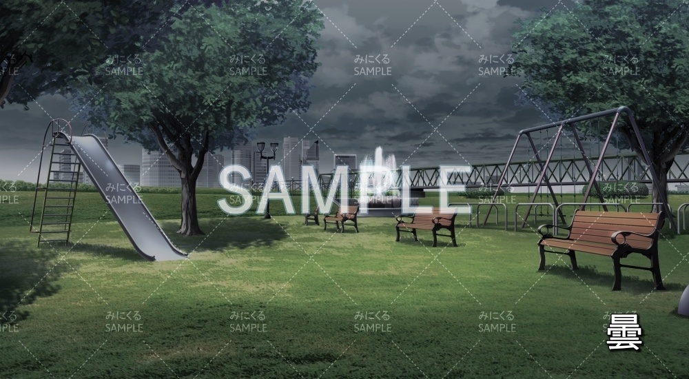 【背景素材】噴水のある公園 昼/夕/曇/夜(日常編part20-BG17_pl_a)