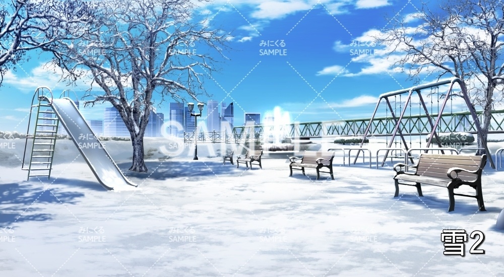 【背景素材】噴水のある公園 雪/降雪/夜雪 (日常編part20-BG17_pl_hs)