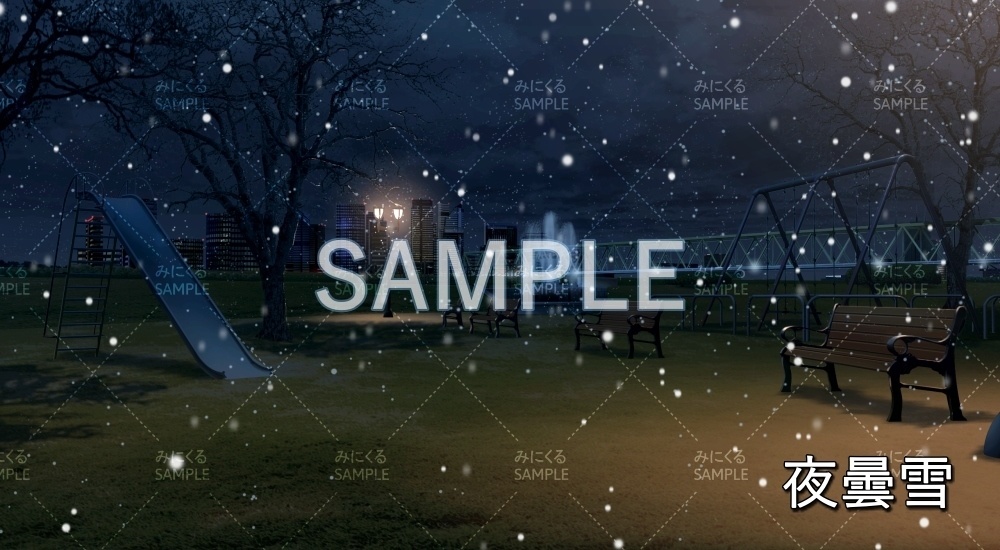 【背景素材】噴水のある公園 雪/降雪/夜雪 (日常編part20-BG17_pl_hs)